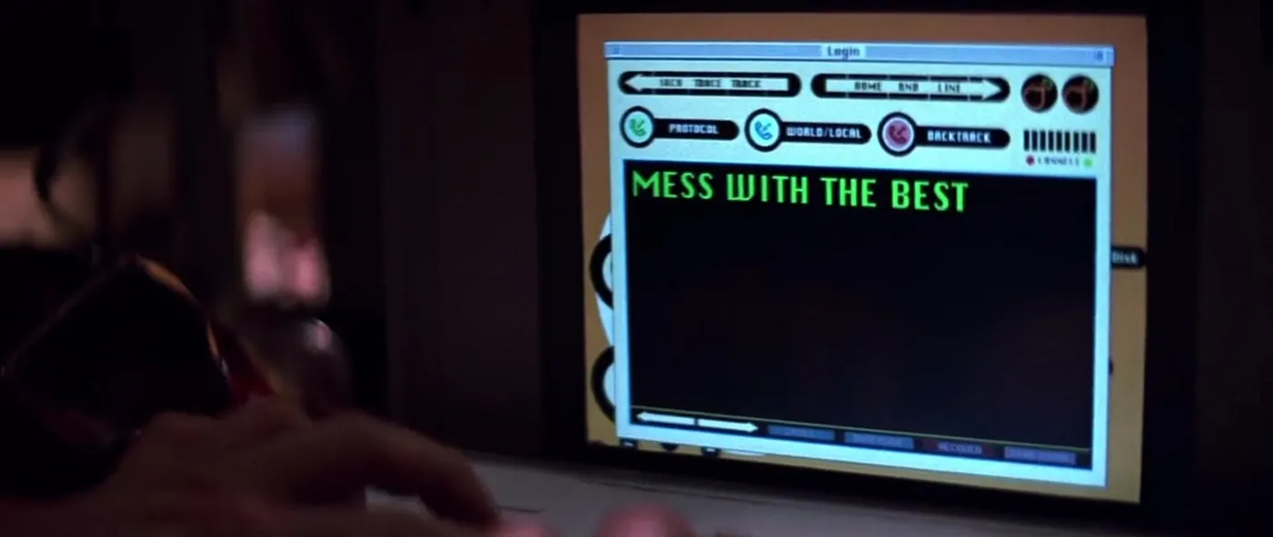A screenshot of a poorly designed cinematic UI from the film, Hackers