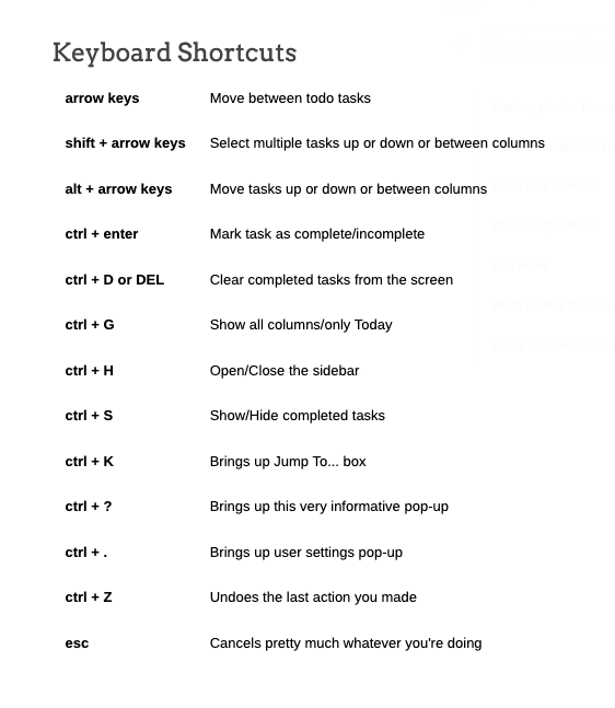 Chart of keyboard shortcuts that can be usedto navigate the app